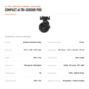 Aluminum Alloy Tri Sensor Drone Gimbal <b>Camera</b> with 10x Optical Zoom 4K and 640x512 <b>Thermal</b> Imaging for Power Line Inspection - Product Image 2