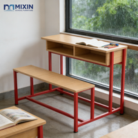 Mesa y Silla Escolar Doble de MDF de Nuevo Diseño, Muebles Escolares Modernos para Aula, Mesa de Banco para Dos Personas Conectada con Dos Cajones
