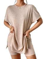Sweater Rajut Lengan Panjang Kasual Wanita untuk Set dengan Atasan Tunik Panjang Selutut dan Celana Pendek 2 Potong Pakaian Liburan Pantai