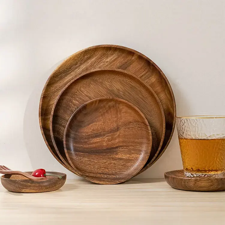 Wholesale High Quality Round Acacia Wooden Plate Serving Tray Rubber Wood Fruit Tray Dinner Plates Wood Trays