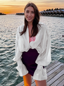 Camicetta <span class=keywords><strong>Bianca</strong></span> Oversize da Donna con Dettaglio Intrecciato Frontale e Maniche a Sbuffo, Camicia Casual a Maniche Lunghe con Polsini Svasati - Product Image 5