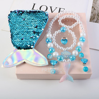 Ensemble de bijoux Princesse Sirène : Sac à paillettes, Collier, Bracelet, Boucles d'oreilles à clip, Bague, Pinces à cheveux – Coffret cadeau d'anniversaire pour filles, Vente en gros