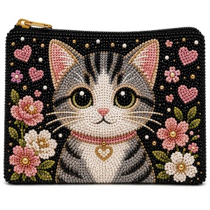 Pochette carrée noire perlée pour femme avec fermeture éclair, motif œil 'Catch Me Looking', porte-monnaie en perles de verre - Product Image 1