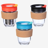 Gobelet de voyage réutilisable en verre borosilicate pour café ou thé, avec logo personnalisé, 360 ml/12 oz, avec couvercle et manchon en liège