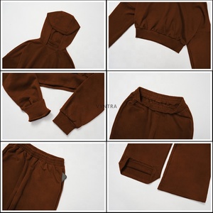 女式棉健身慢跑裤2pcs休闲运动服运动服连帽衫裁剪上衣运动裤运动套装 - Product Image 6