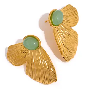 JINYOU 2187 Green Natural Stone Stainless Steel Butterfly Wing Stud Earrings Fashion Trendy Statement Charm Golden Jewelry Women