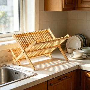 Bamboo Dish Rack 2 Tier <b>Collapsible</b> Kitchen Draining Rack For Plates Cups <b>Storage</b> - Product Image 3