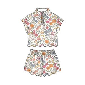 Conjunto de ropa infantil GSSO3580 personalizado Little Active Girl, estampado a cuadros en blanco y negro, con cremallera, manga corta y cuello festoneado, venta al por mayor. - Product Image 4