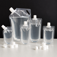 En stock, sachet debout refermable en plastique laminé recyclable avec bec verseur, emballage liquide, bec d'aspiration transparent pour huile/jus/eau
