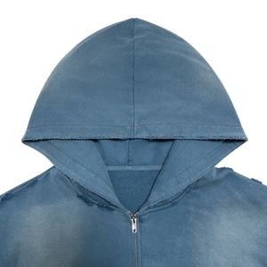 Sudadera con capucha y cremallera de alta calidad, estilo vintage, con estampado de plantas en azul grisáceo, desgastada y con efecto deshilachado, estilo streetwear, para hombre. - Product Image 3