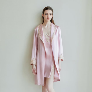 Conjuntos de Bata de seda 100% de lujo de calidad, nueva ropa de dormir bordada transpirable hasta la rodilla, camisón de seda elegante para mujer para verano - Product Image 4