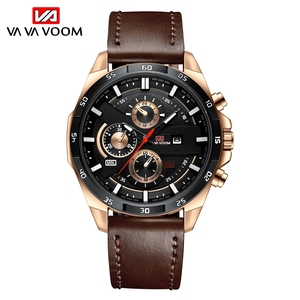 Montre chronographe vintage pour homme, bracelet en cuir marron, lunette en or rose, cadran blanc, montre sport au poignet - Product Image 4