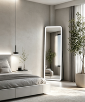 Miroir LED pleine longueur avec bordure lumineuse blanche, rectangulaire arrondi, sur pied, pour chambre, dressing, entrée, décoration intérieure, vente en gros