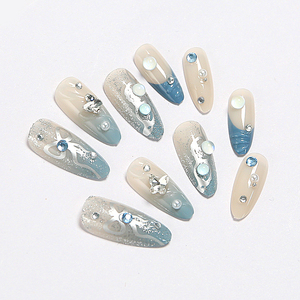<span class=keywords><strong>Faux</strong></span> ongles à presser français nude bleu dégradé avec paillettes argentées et papillons 3D en cristal, couverture complète, réutilisables, en ABS - Product Image 3