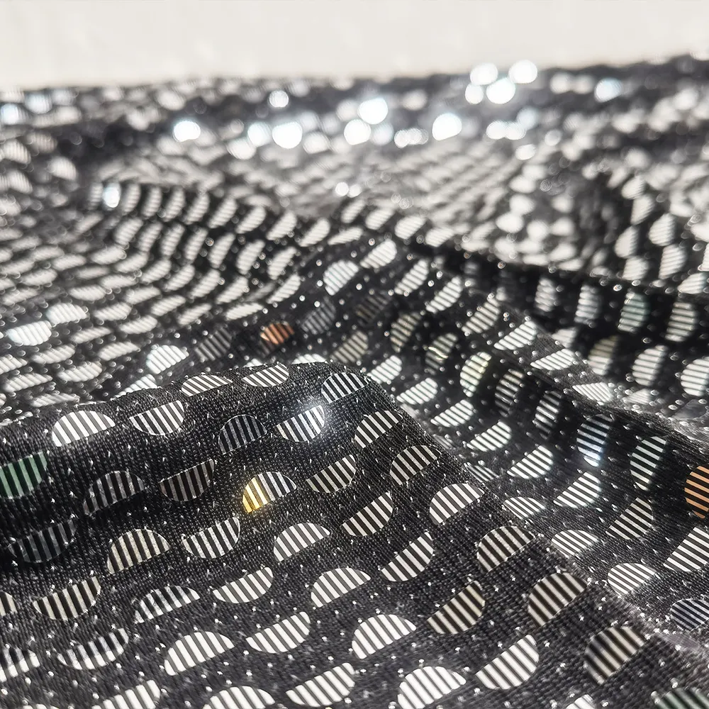 काले चांदी के chic स्ट्रिप मुद्रित सिमिircle स्पैंगल कपड़े का खिंचाव नलोन लिकरा कपड़े