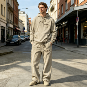 Custom Men's Hooded Tracksuit <b>Set</b> Cotton Casual Loose Fit With Drawstring Pockets Autumn Wear - Product Image 1