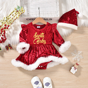 RTS Baby Girls Party Weihnachts brief Gedruckte rote Pelz manschetten Einteiliges Halfter kleid Weihnachts mann mütze - Product Image 3