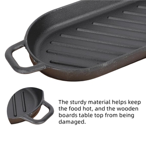 Plateau à steak en fonte Poêle en fonte pré-assaisonnée Poêle à fajita avec base en bois - Product Image 6