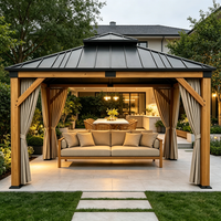 Gazebo en bois de cèdre de qualité supérieure, pavillon extérieur permanent avec toit en métal à double niveau et rideaux d'intimité