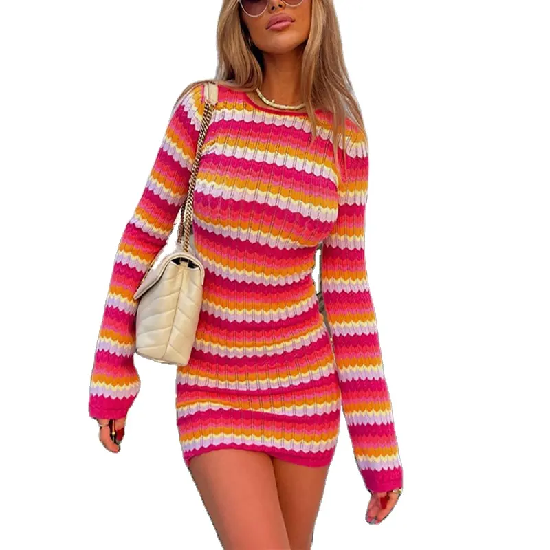2022 New leaky back hollow candy color long sleeve knit sweater dress women