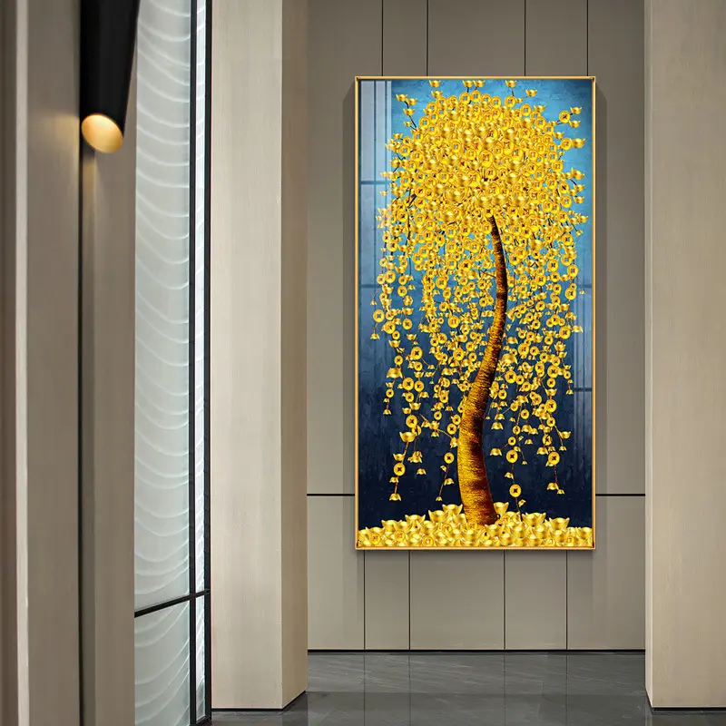 Golden Leaf Tree Crystal Porcelain Painting Wall Painting Vertical Background Wall Painting