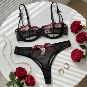 Wholesale Black Rose Embroidery Lingerie <b>Set</b> <b>Sexy</b> Sheer Mesh Underwire Bra and Thong Panties <b>Set</b> 2 Piece Bow Lace Intimates - Product Image 1