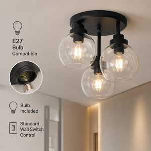 Modern 3 <b>Light</b> Semi Flush Mount Ceiling <b>Light</b> Fixture Clear Glass Globes <b>Black</b> Iron For Home Living Room Bedroom - Product Image 3