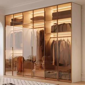 Armario de Lujo con Marco Dorado, Puerta de Vidrio Esmerilado con Bisagras, Iluminación LED, Almacenamiento Multicapa, Organizador de <span class=keywords><strong>Ropa</strong></span>, <span class=keywords><strong>Mueble</strong></span> - Product Image 1