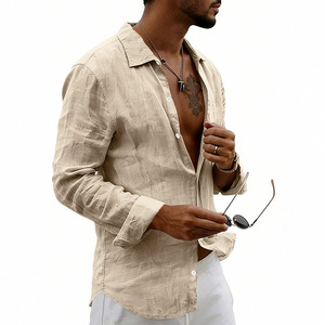 Cross-border Foreign Trade <b>Men's</b> Summer New Solid Color Thin Loose <b>Cardigan</b> Lapel Versatile Linen <b>Long</b>-sleeved Shirt Beaded - Product Image 6