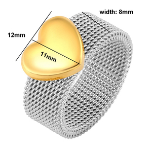 Bagues en maille en acier inoxydable étanche plaqué or 18 carats PVD bicolore avec cœur gonflé pour femme, bijoux de mariage - Product Image 6