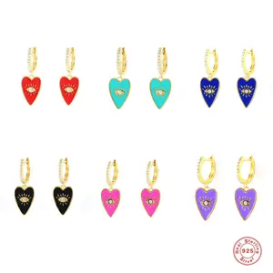 18K Gold Plating Evil Eyes Clip 925 Sterling Silver Cubic Zirconia Dripping Oil Colorful Enameled Heart Drop Oil Earrings