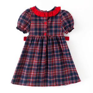 Robe en coton smockée à manches courtes bleue avec broderie de Père Noël et motif écossais pour bébé, enfant en bas âge, fille, hiver, Noël, en stock - Product Image 3