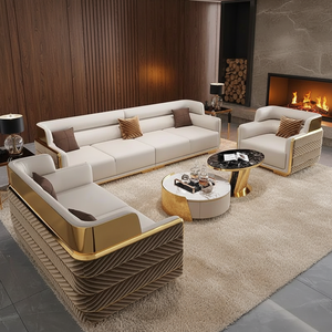 Sofa Set Ruang Tamu Mewah Kulit Asli Coklat Desain Italia HAOYU <span class=keywords><strong>Furniture</strong></span>, Satu, Dua, dan Tiga Dudukan - Product Image 1