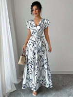 Vestido Largo Sexy con Estampado y Volantes, Cuello en V, Ajustado, Nueva Colección Primavera-Verano, Gran Venta
