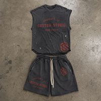Conjunto Deportivo de Verano Vintage al por Mayor OEM, Logotipo Personalizado, Estampado Puff, Talla Grande, Transpirable, Sin Mangas, 2 Piezas, Pantalones Cortos de Algodón para Hombre