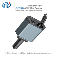 Cargador Rápido para Auto con Cable Retráctil Dual Tipo-C, 4 Puertos, Pantalla de Voltaje, Aleación de Aluminio, OEM, ODM, Logotipo Personalizado, Venta al Por Mayor de Fábrica