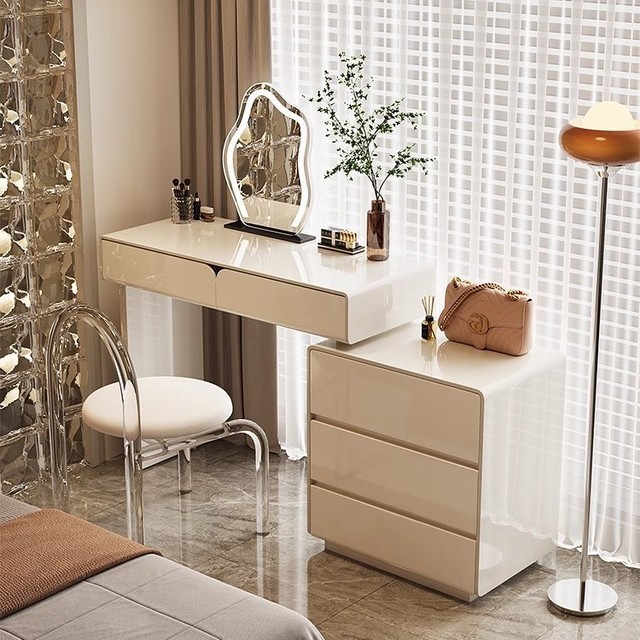 Modern Solid Wood Bedroom Makeup Vanity LED Mirror Dressing Table with Drawers Dimmable Lighting