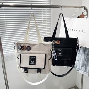 Canvas Tote Bag <b>Large</b> Capacity Portable School Education Shoulder Handbag Crossbody Bag Solid Color Letter Pattern 20-35L - Product Image 3