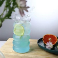Gobelet à boisson en verre de forme irrégulière moderne et créatif, en verre borosilicate de haute qualité, avec couvercle en bambou et paille, pour cola, jus, café, 350 ml, 500 ml
