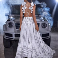 D & M été femmes à pois imprimé longue Maxi Robe élégante Boho Floral Robe avec taille Empire licou pour fête de vacances