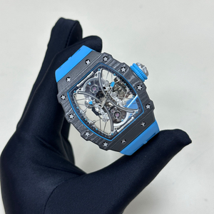 Montre mécanique squelette à tourbillon suspendu en fibre de carbone style RM53-01 bleu-noir, montre de luxe pour homme de forme tonneau - Product Image 1