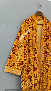 Floral Printed Long Kimono Robe With Collar Three Quarter Sleeve Yellow Polyester Wrap Style Spring Wear - Product Image 5