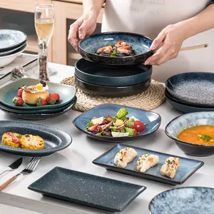 Набор посуды в стиле ретро минимализм, круглые фарфоровые синие мраморные тарелки, набор посуды, керамическая обеденная тарелка