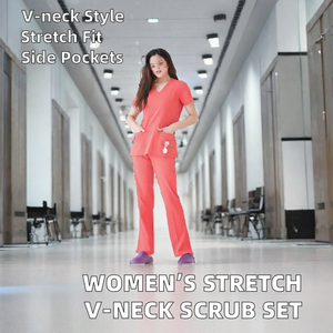 Ensembles de blouses et pantalons pour femmes en polyester et élasthanne, extensibles, pour infirmières, col en V, manches courtes, pantalon évasé, poche latérale, tissu tissé, usage hospitalier - Product Image 2