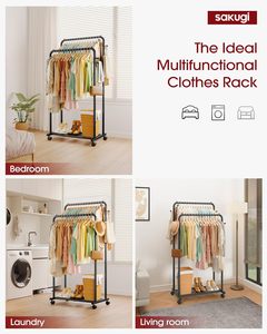 Portaspezie Multifunzionale Ecologico in Metallo Nero con Doppia Asta, Ripiano a Rete, Ganci e Ruote per Appendere Oggetti Domestici - Product Image 3