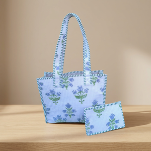 Hand Block Printed Indian Handmade Cotton White Shopping Tote Bag Set with Pouch 2Pcs Women Quilted Shoulder Bag Large <b>Beach</b> Bag - Product Image 2