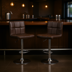 Taburetes de bar hidráulicos de piel sintética marrón, base giratoria ajustable de cromo, diseño moderno y contemporáneo, juego de muebles de bar de 2 piezas - Product Image 2