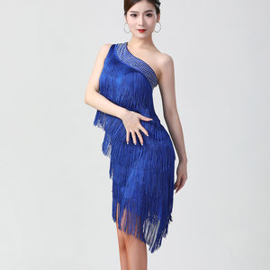 Vestido de baile latino de salsa y rumba para mujer, sexy, de un solo hombro, con flecos escalonados, pedrería y borlas, para actuaciones. - Product Image 4