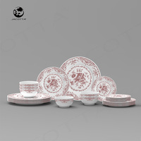 Service de vaisselle en céramique rouge-floral de style vintage, vaisselle élégante en porcelaine, poterie de qualité supérieure