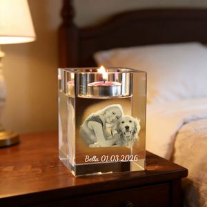 Porte-bougie en cristal gravé avec photo pour cadeau d'anniversaire, candélabre personnalisé avec portrait et texte en 3D - Product Image 3